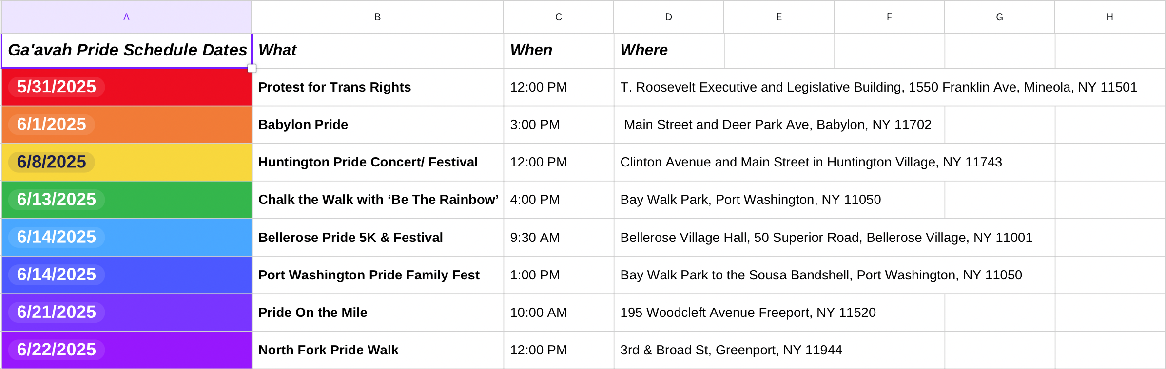 Ga'avah Pride Schedule 2025.